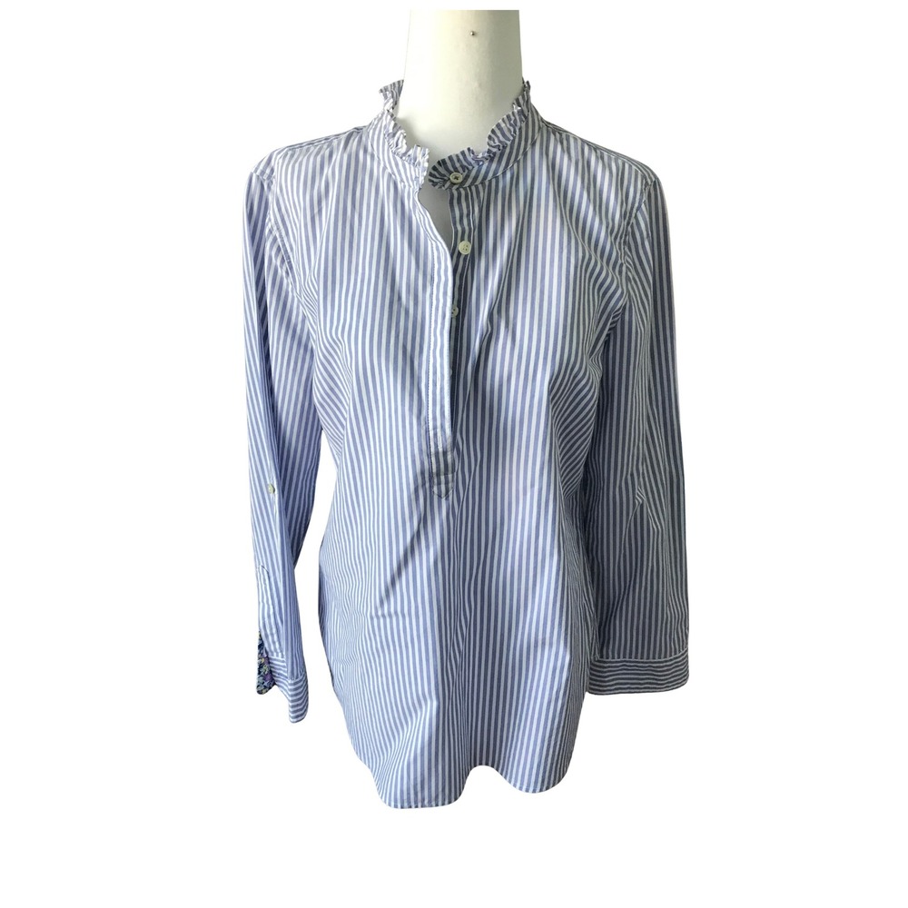 Talbots Petite Blue White Striped Ruffle Collar Button Up Blouse MP